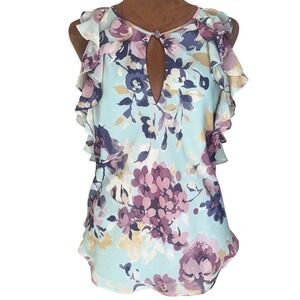 Lauren Ralph Lauren Sheer Lined Floral Blouse Women's 6 Ruffle Flutter Front EUC